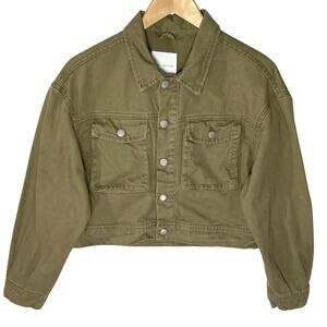 AVEC LES FILLES Women’s Cropped Olive Green Button Front Shacket